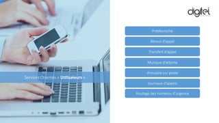 Services Orientés « Utilisateurs »
Prédécroché
Renvoi d’appel
Transfert d’appel
Musique d’attente
Annuaire sur poste
Journaux d’appels
Routage des numéros d’urgence
 