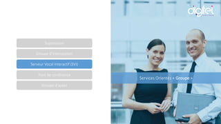 Services Orientés « Groupe »
Supervision
Groupe d’interception
Serveur Vocal Interactif (SVI)
Pont de conférence
Groupe d’appel
 