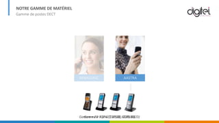 NOTRE GAMME DE MATÉRIEL
Gamme de postes DECT
Gamme « TGP » (TGP500, TGP600)Gamme « 2D » (142D, 612D, 622D, 632D)
PANASONIC AASTRA
 