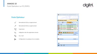 ANNEXE 10
Poste Opérateur sur PC (POPC)
Poste Opérateur
Remontée de fiche sur appel entrant
Remontée de fiche sur appel sortant
Supervision
Intégration avec des applications tierces
Clic 2 Call
Configuration en quelques clics via Sophia
 