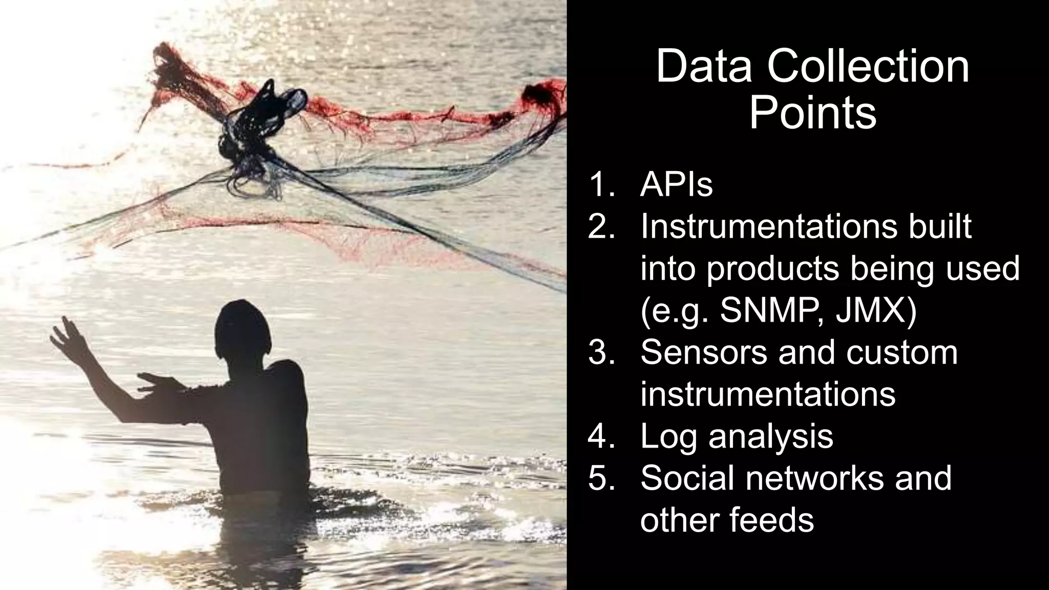 Data Collection
Points
1. APIs
2. Instrumentations built
into products being used
(e.g. SNMP, JMX)
3. Sensors and custom
instrumentations
4. Log analysis
5. Social networks and
other feeds
 