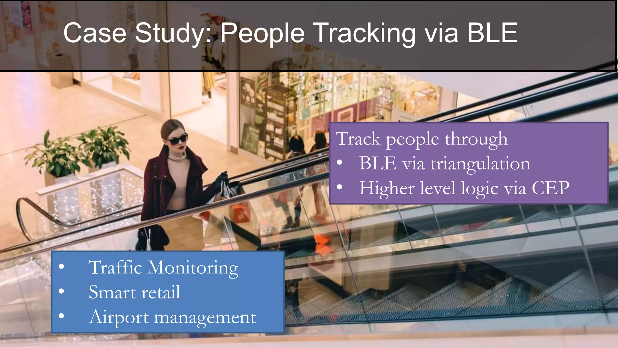 Case Study: People Tracking via BLE
• Traffic Monitoring
• Smart retail
• Airport management
Track people through
• BLE via triangulation
• Higher level logic via CEP
 
