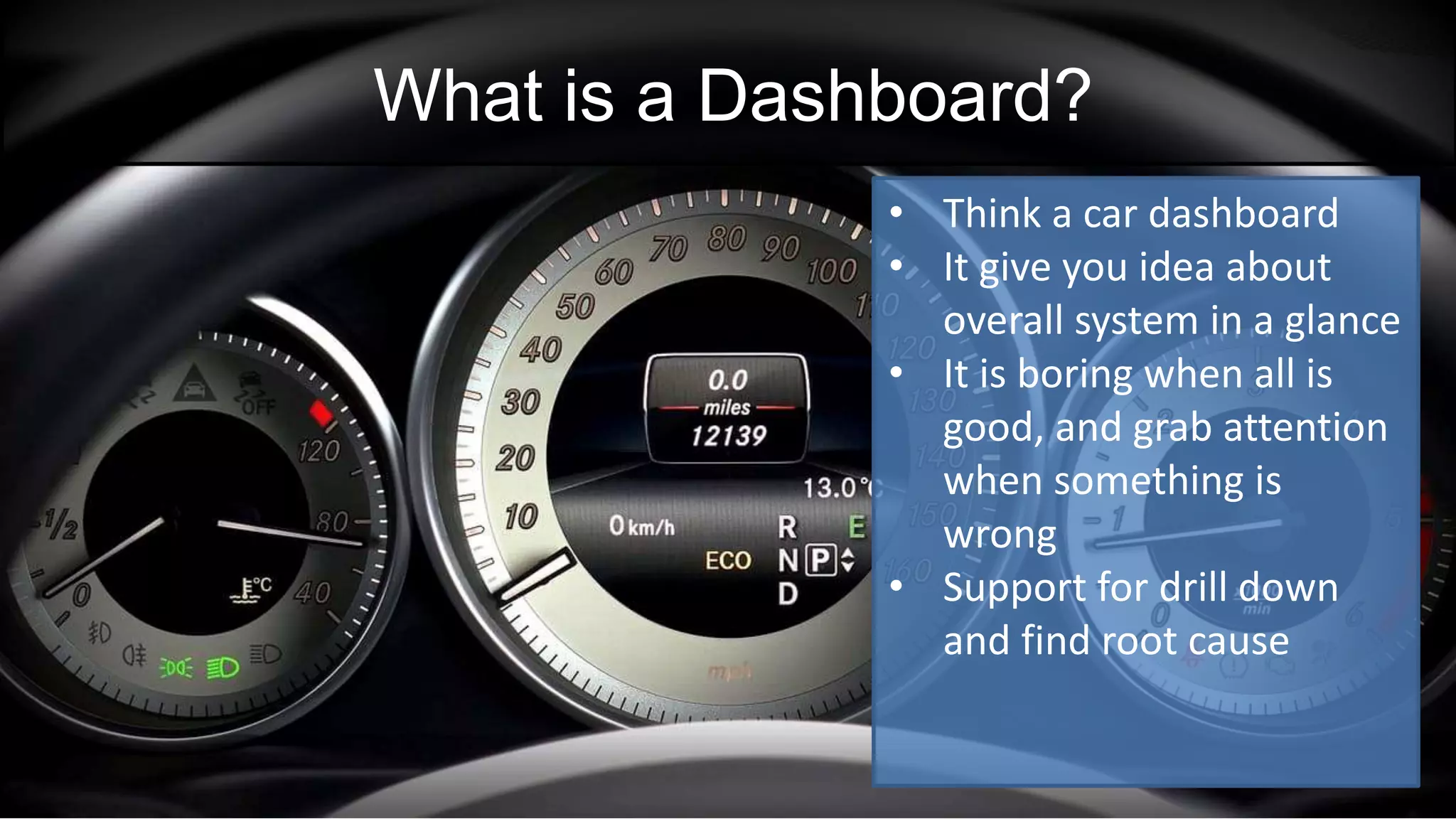What is a Dashboard?
• Think a car dashboard
• It give you idea about
overall system in a glance
• It is boring when all is
good, and grab attention
when something is
wrong
• Support for drill down
and find root cause
 