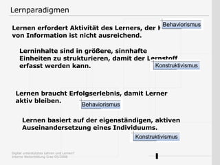 Lernen erfordert Aktivität des Lerners, der Konsum von Information ist nicht ausreichend. Lernen braucht Erfolgserlebnis, damit Lerner aktiv bleiben. Lerninhalte sind in größere, sinnhafte Einheiten zu strukturieren, damit der Lernstoff erfasst werden kann. Lernen basiert auf der eigenständigen, aktiven Auseinandersetzung eines Individuums. Lernparadigmen 