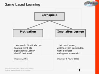 Game based Learning …  ist das Lernen, welches vom Lernenden nicht bewusst wahrgenommen wird. Lernspiele Motivation Implizites Lernen …  es macht Spaß, da das Spielen nicht als eigentliches Lernen identifiziert wird (Holzinger, 2001) (Holzinger & Maurer 1999) 