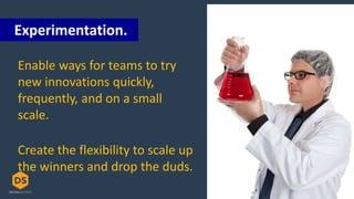 Enable ways for teams to try
new innovations quickly,
frequently, and on a small
scale.
Create the flexibility to scale up
the winners and drop the duds.
Experimentation.
 