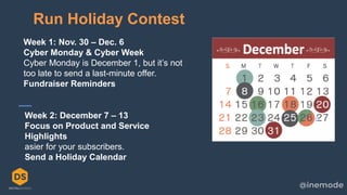 20
Run Holiday Contest
Week 1: Nov. 30 – Dec. 6
Cyber Monday & Cyber Week
Cyber Monday is December 1, but it’s not
too late to send a last-minute offer.
Fundraiser Reminders
Week 2: December 7 – 13
Focus on Product and Service
Highlights
asier for your subscribers.
Send a Holiday Calendar
 