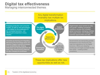 3 | Taxation of the digitalized economy
Digital tax effectiveness
Managing interconnected themes
Emerging production and c...