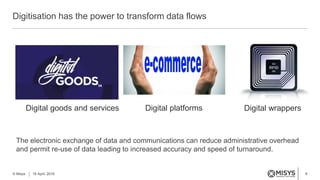 8
Digitisation has the power to transform data flows
© Misys 18 April, 2016
The electronic exchange of data and communications can reduce administrative overhead
and permit re-use of data leading to increased accuracy and speed of turnaround.
Digital goods and services Digital platforms Digital wrappers
 