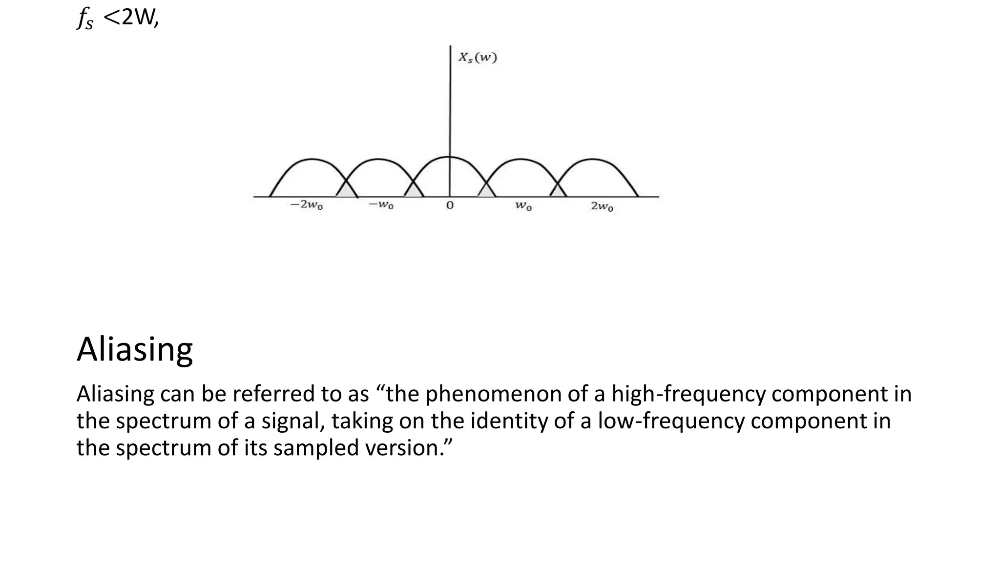 𝑓𝑠 <2W,
Aliasing
Aliasing can be referred to as “the phenomenon of a high-frequency component in
the spectrum of a signal, taking on the identity of a low-frequency component in
the spectrum of its sampled version.”
 