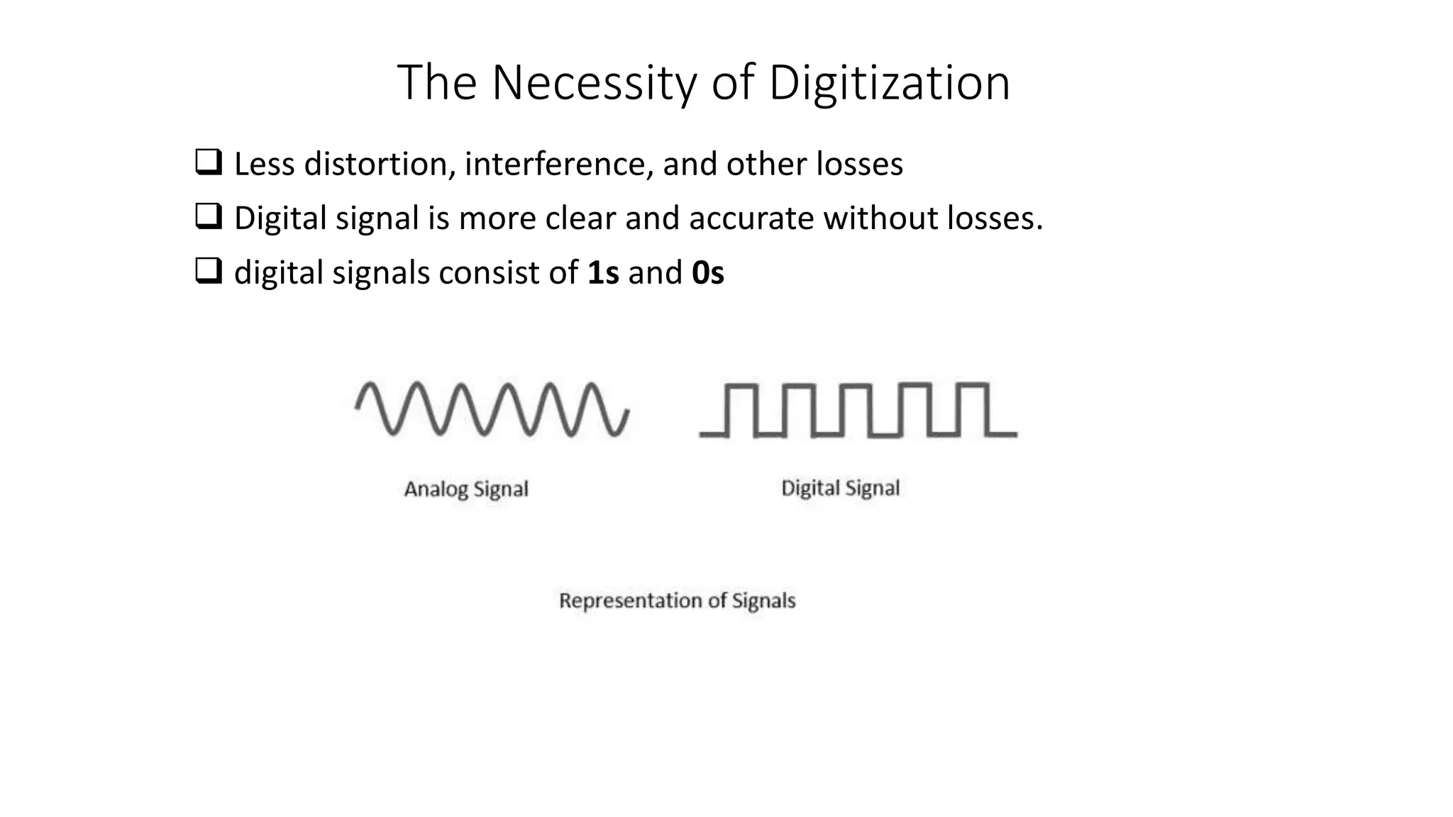 The Necessity of Digitization
 Less distortion, interference, and other losses
 Digital signal is more clear and accurate without losses.
 digital signals consist of 1s and 0s
 
