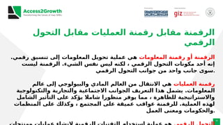 14
‫التحول‬ ‫مقابل‬ ‫العمليات‬ ‫رقمنة‬ ‫مقابل‬ ‫الرقمنة‬
‫الرقمي‬
‫المعلومات‬ ‫رقمنة‬ ‫أو‬ ‫الرقمنة‬
.‫رقمي‬ ‫تنسيق‬ ‫إلى‬ ‫المعلومات‬ ‫تحويل‬ ‫عملية‬ ‫هي‬
‫ليست‬ ‫الرقمنة‬ .‫الشيء‬ ‫نفس‬ ‫ليس‬ ‫لكنه‬ ، ‫الرقمي‬ ‫التحول‬ ‫مكونات‬ ‫أحد‬ ‫إنه‬
‫الرقمي‬ ‫التحول‬ ‫جوانب‬ ‫من‬ ‫واحد‬ ‫جانب‬ ‫سوى‬.
‫العمليات‬ ‫رقمنة‬
‫عالم‬ ‫إلى‬ ‫والبيولوجي‬ ‫المادي‬ ‫العالم‬ ‫من‬ ‫االنتقال‬ ‫هي‬
‫والتكنولوجية‬ ‫والتجارية‬ ‫االجتماعية‬ ‫الجوانب‬ ‫التعريف‬ ‫هذا‬ ‫يشمل‬ .‫المعلومات‬
‫الشامل‬ ‫التأثير‬ ‫على‬ ‫يؤكد‬ ‫شامال‬ ‫منظورا‬ ‫يوفر‬ ‫مما‬ ، ‫للظاهرة‬ ‫واالستراتيجية‬
‫المنظمات‬ ‫على‬ ‫وكذلك‬ ، ‫المجتمع‬ ‫على‬ ‫عميقة‬ ‫عواقب‬ ‫للرقمنة‬ .‫العملية‬ ‫لهذه‬
‫العمل‬ ‫ومعنى‬ ‫والحكومات‬.
 