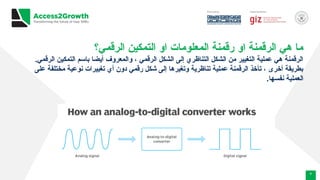 8
‫الرقمي؟‬ ‫التمكين‬ ‫او‬ ‫المعلومات‬ ‫رقمنة‬ ‫او‬ ‫الرقمنة‬ ‫هي‬ ‫ما‬
.‫الرقمي‬ ‫التمكين‬ ‫باسم‬ ‫أيضا‬ ‫والمعروف‬ ، ‫الرقمي‬ ‫الشكل‬ ‫إلى‬ ‫التناظري‬ ‫الشكل‬ ‫من‬ ‫التغيير‬ ‫عملية‬ ‫هي‬ ‫الرقمنة‬
‫على‬ ‫مختلفة‬ ‫نوعية‬ ‫تغييرات‬ ‫أي‬ ‫دون‬ ‫رقمي‬ ‫شكل‬ ‫إلى‬ ‫وتغيرها‬ ‫تناظرية‬ ‫عملية‬ ‫الرقمنة‬ ‫تأخذ‬ ، ‫أخرى‬ ‫بطريقة‬
.‫نفسها‬ ‫العملية‬
 