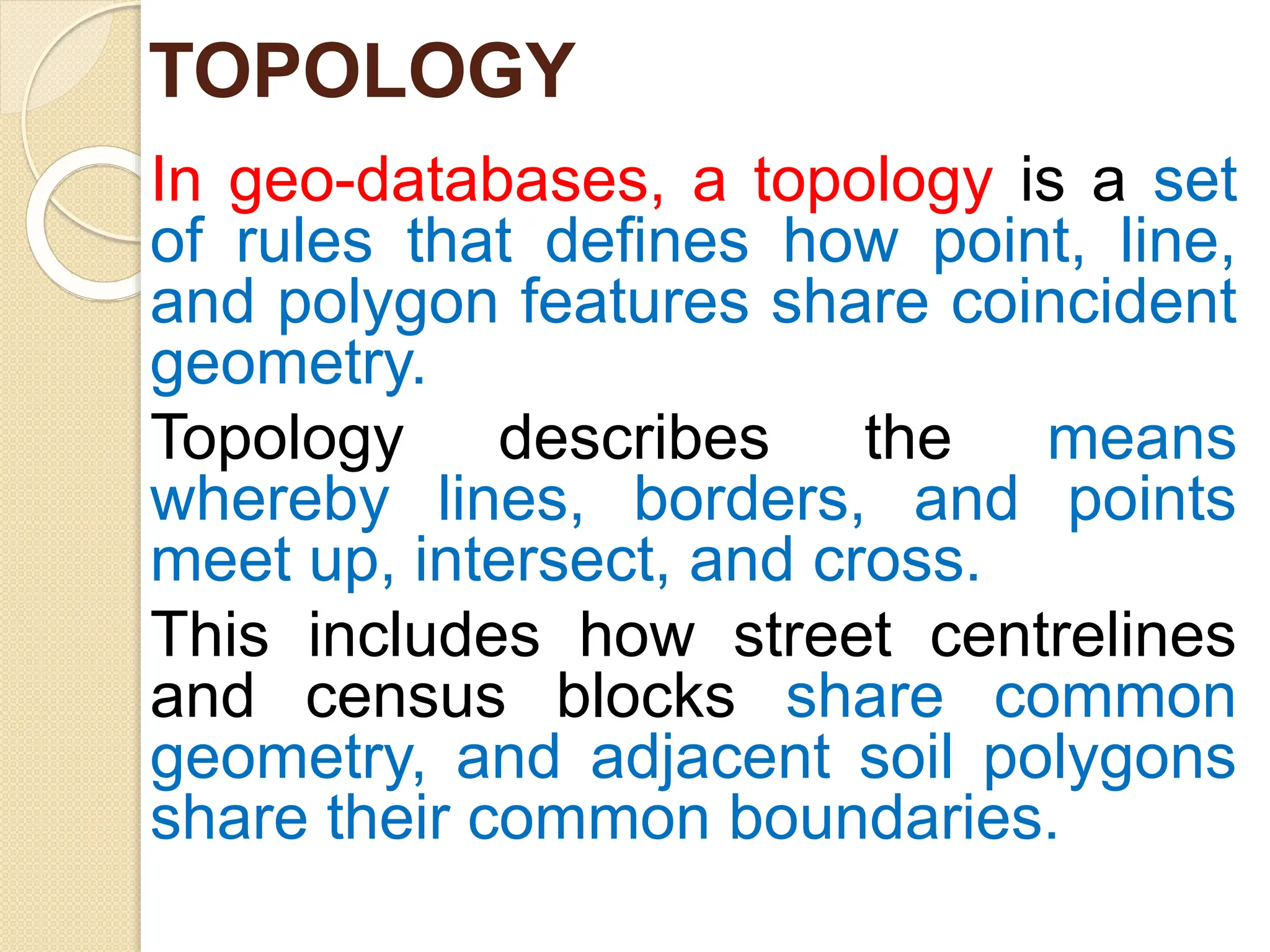 In geo-databases, a topology is a set
of rules that defines how point, line,
and polygon features share coincident
geometry.
Topology describes the means
whereby lines, borders, and points
meet up, intersect, and cross.
This includes how street centrelines
and census blocks share common
geometry, and adjacent soil polygons
share their common boundaries.
TOPOLOGY
 