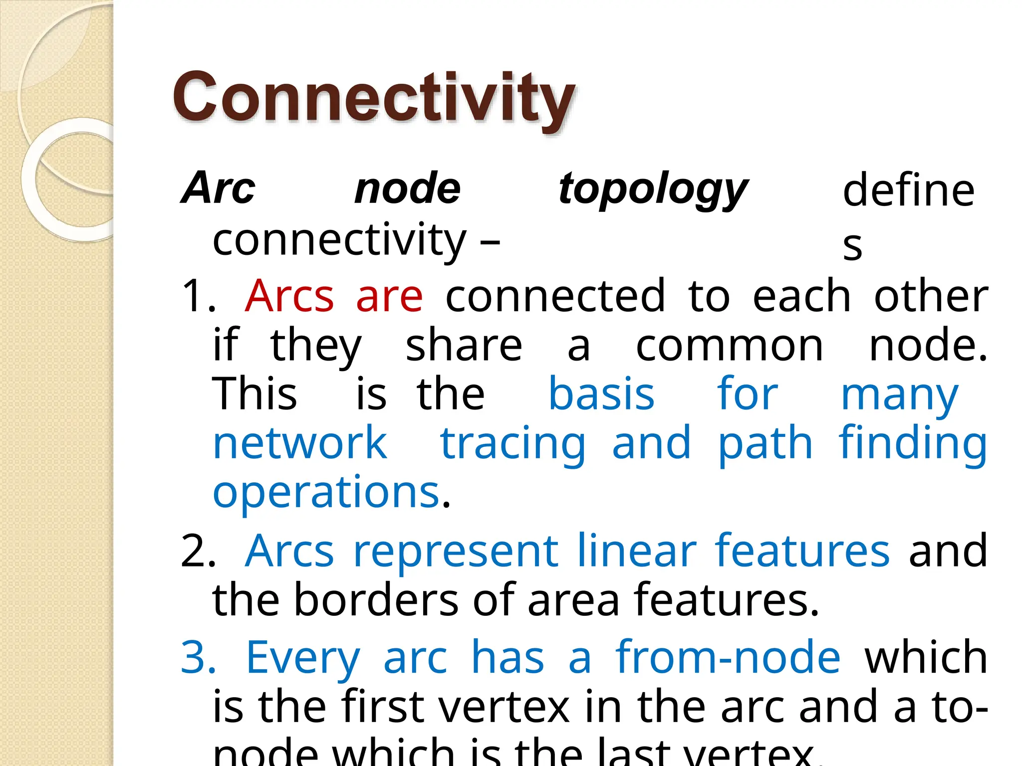 Connectivity
define
s
Arc node topology
connectivity –
1. Arcs are connected to each other
if they share a common node.
This is the basis for many
network tracing and path finding
operations.
2. Arcs represent linear features and
the borders of area features.
3. Every arc has a from-node which
is the first vertex in the arc and a to-
 