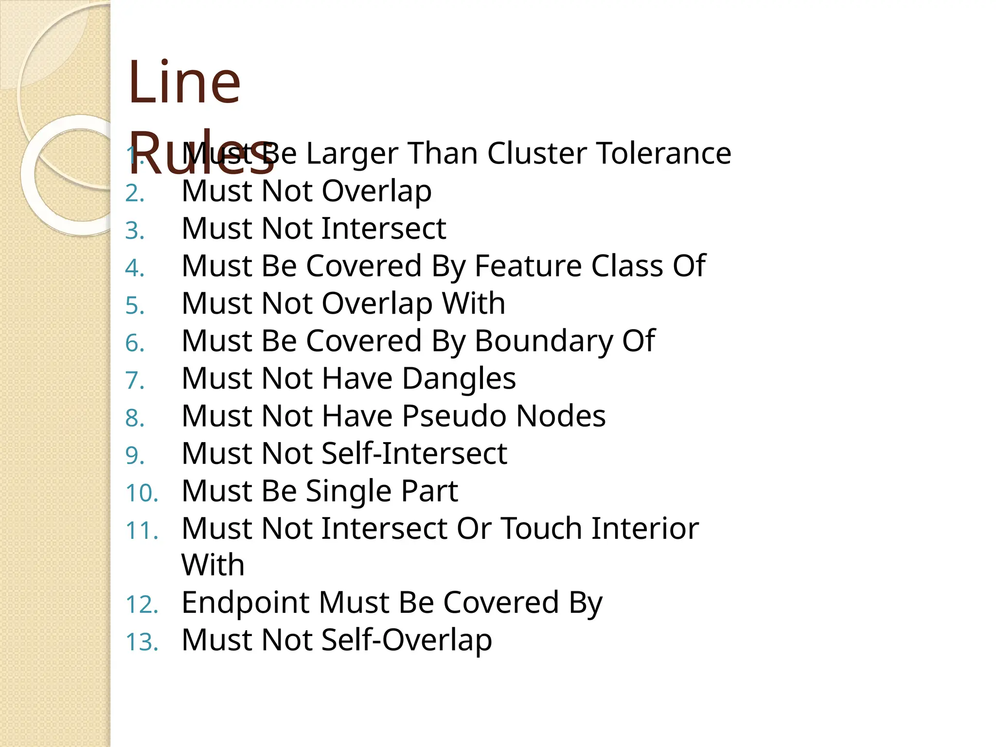 Line
Rules
1. Must Be Larger Than Cluster Tolerance
2. Must Not Overlap
3. Must Not Intersect
4. Must Be Covered By Feature Class Of
5. Must Not Overlap With
6. Must Be Covered By Boundary Of
7. Must Not Have Dangles
8. Must Not Have Pseudo Nodes
9. Must Not Self-Intersect
10. Must Be Single Part
11. Must Not Intersect Or Touch Interior
With
12. Endpoint Must Be Covered By
13. Must Not Self-Overlap
 