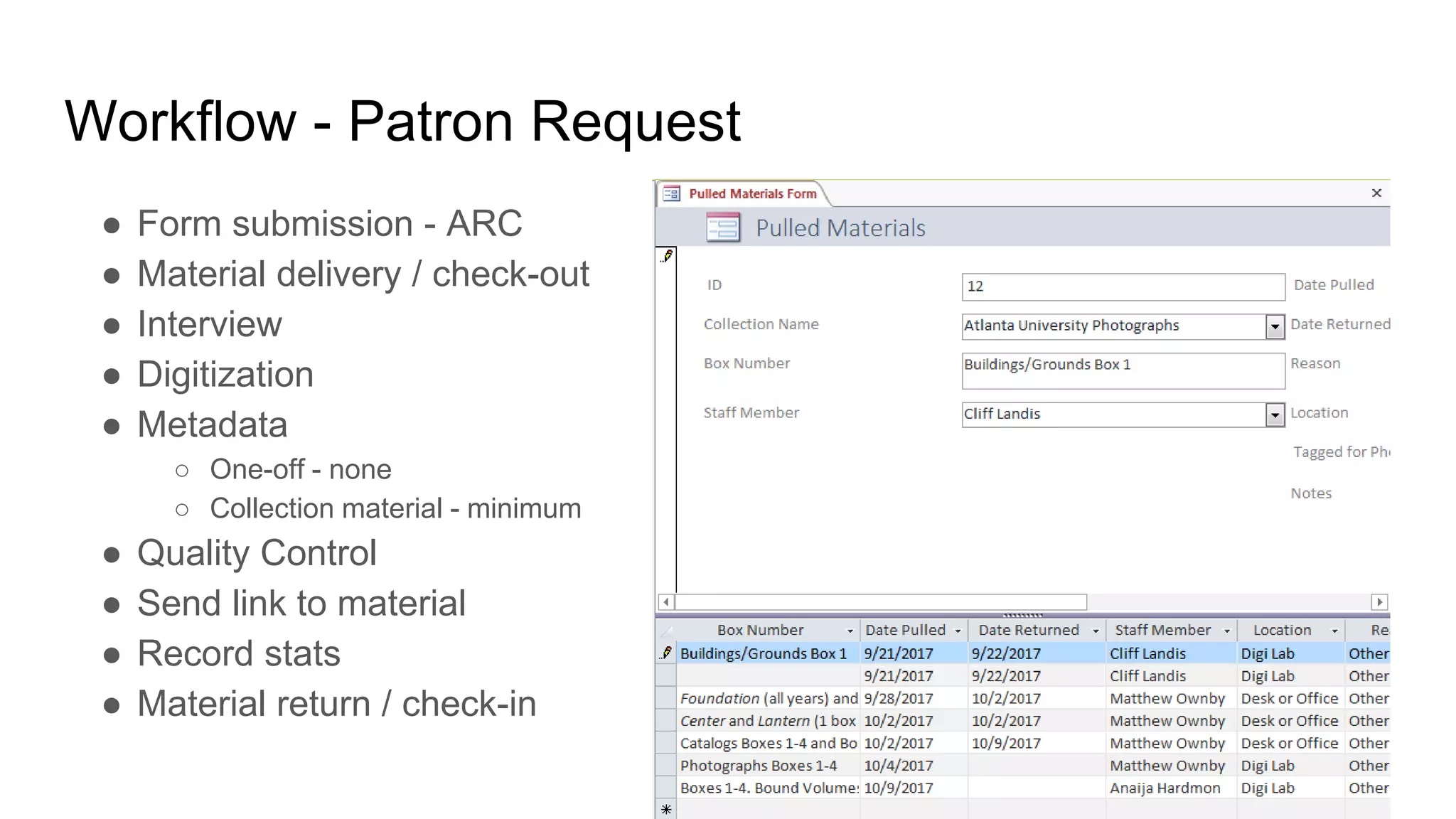 Workflow - Patron Request
● Form submission - ARC
● Material delivery / check-out
● Interview
● Digitization
● Metadata
○ One-off - none
○ Collection material - minimum
● Quality Control
● Send link to material
● Record stats
● Material return / check-in
 