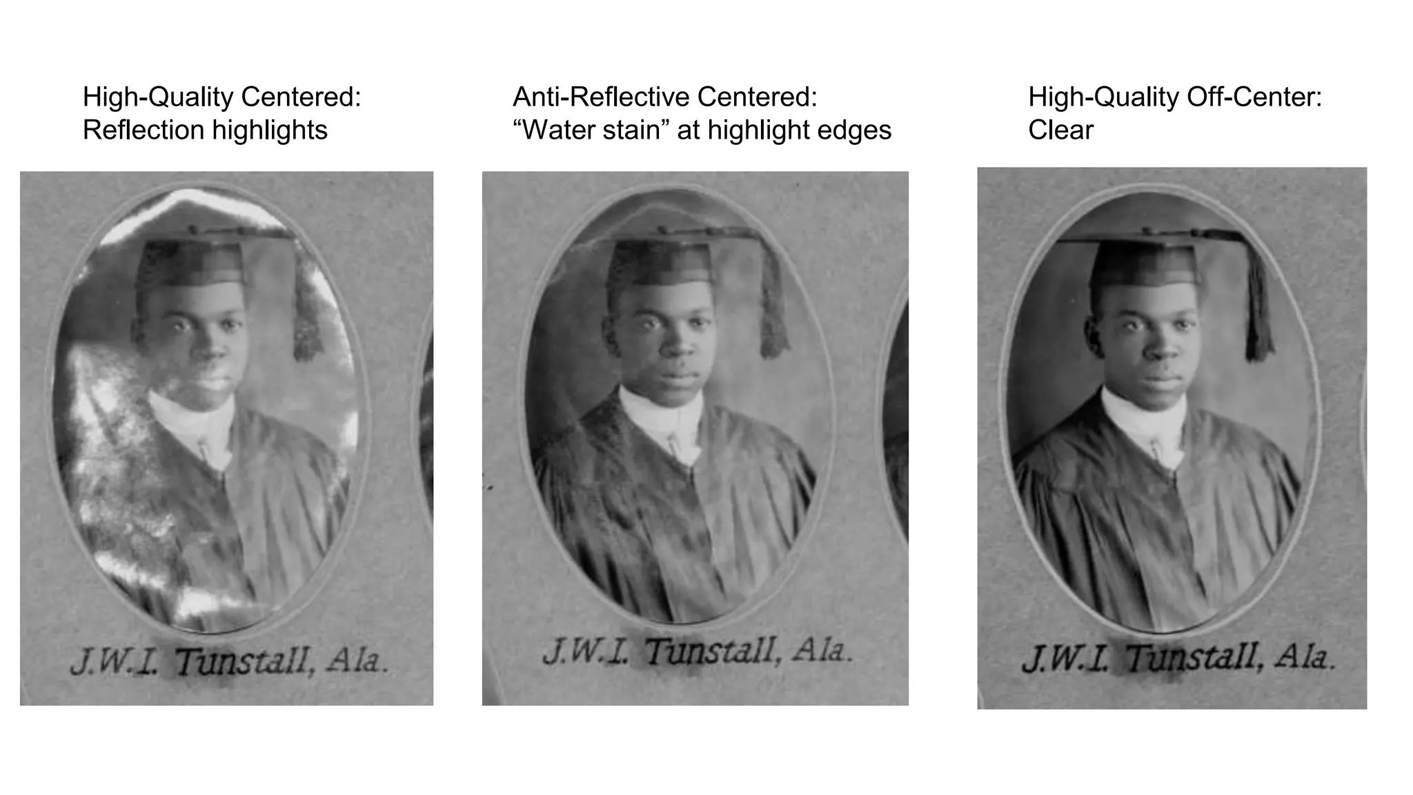High-Quality Centered:
Reflection highlights
Anti-Reflective Centered:
“Water stain” at highlight edges
High-Quality Off-Center:
Clear
 