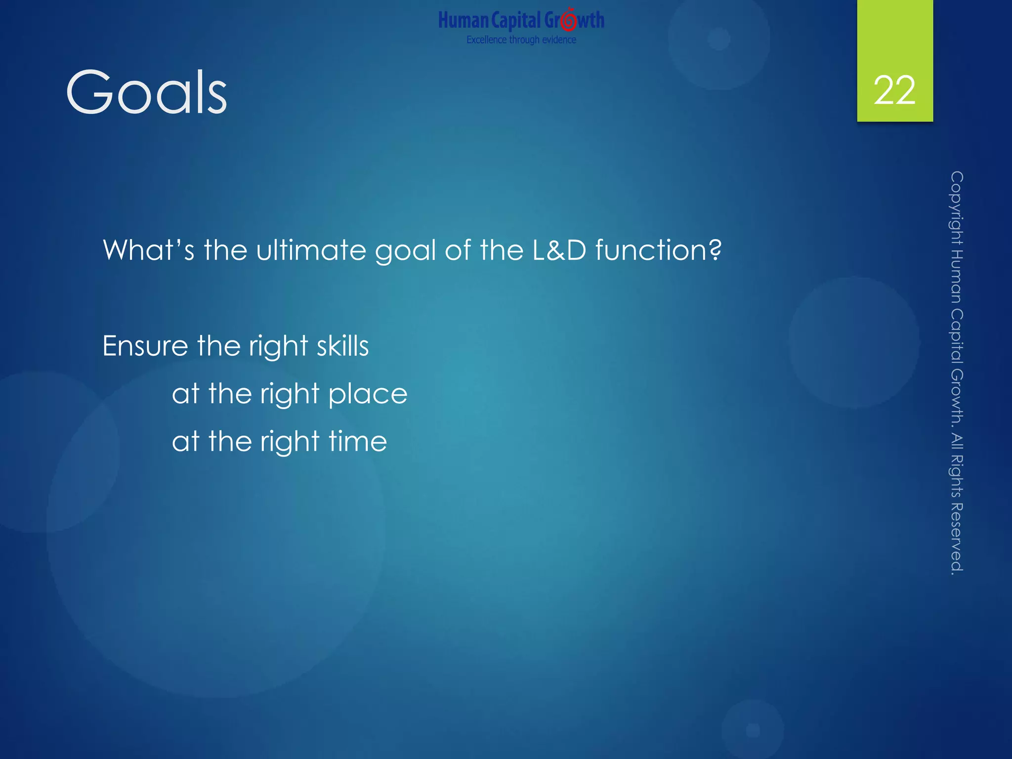 Goals
What’s the ultimate goal of the L&D function?
Ensure the right skills
at the right place
at the right time
22
 