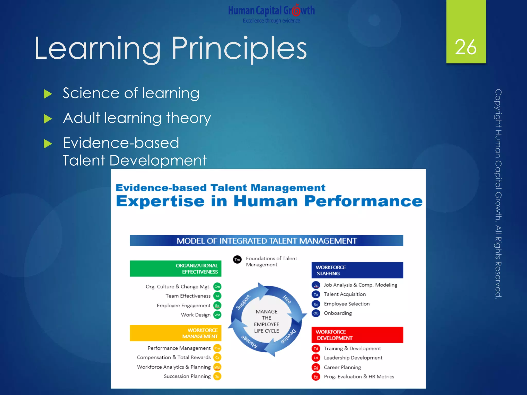 Learning Principles
 Science of learning
 Adult learning theory
 Evidence-based
Talent Development
26
 