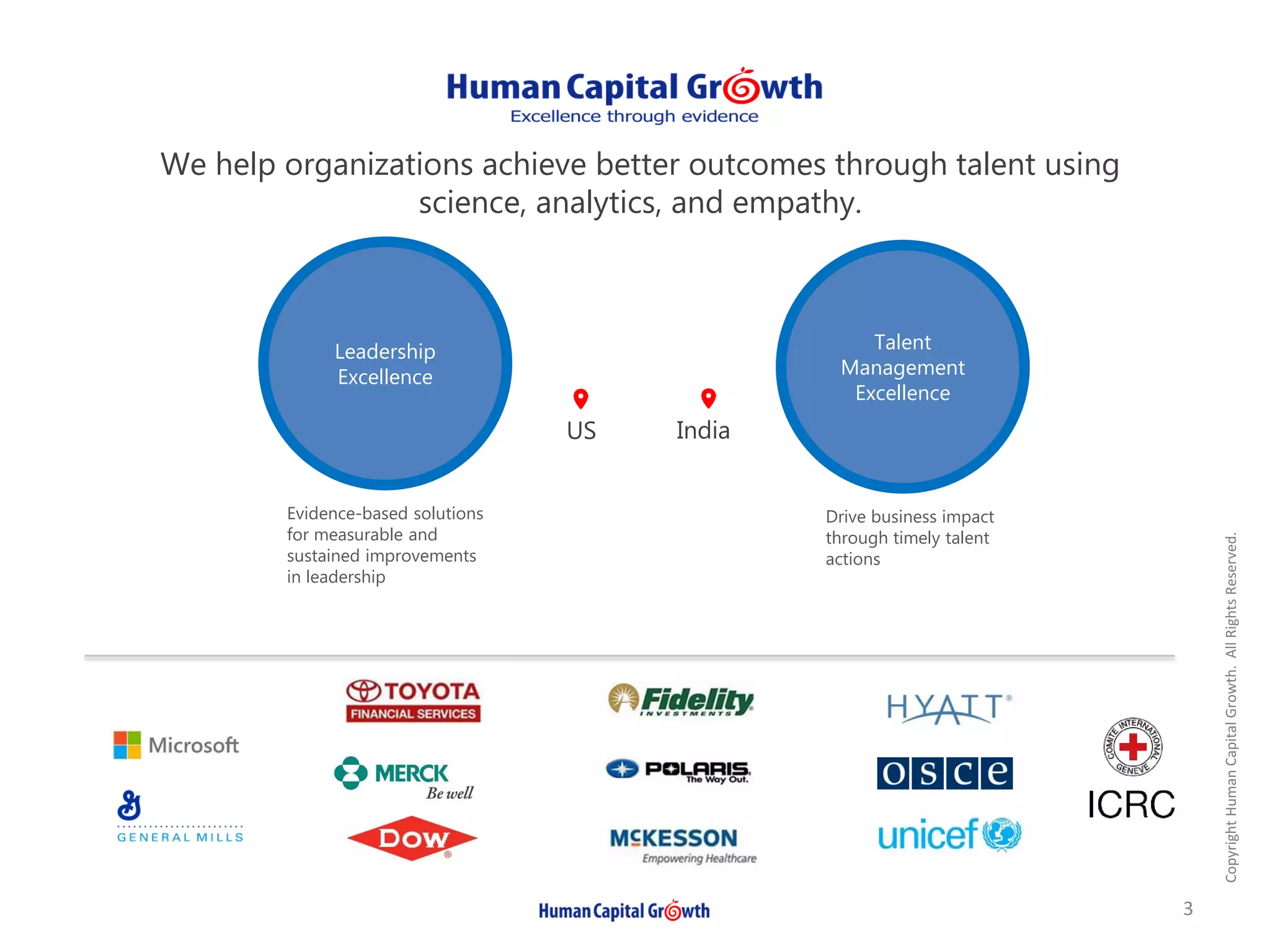 CopyrightHumanCapitalGrowth.AllRightsReserved.
3
Leadership
Excellence
Talent
Management
Excellence
US India
We help organizations achieve better outcomes through talent using
science, analytics, and empathy.
Drive business impact
through timely talent
actions
Evidence-based solutions
for measurable and
sustained improvements
in leadership
 