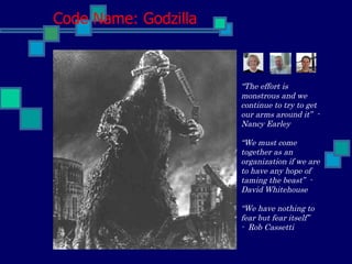 Code Name: Godzilla “ The effort is monstrous and we continue to try to get our arms around it”  -Nancy Earley “We must come together as an organization if we are to have any hope of taming the beast”  - David Whitehouse “We have nothing to fear but fear itself” -  Rob Cassetti 