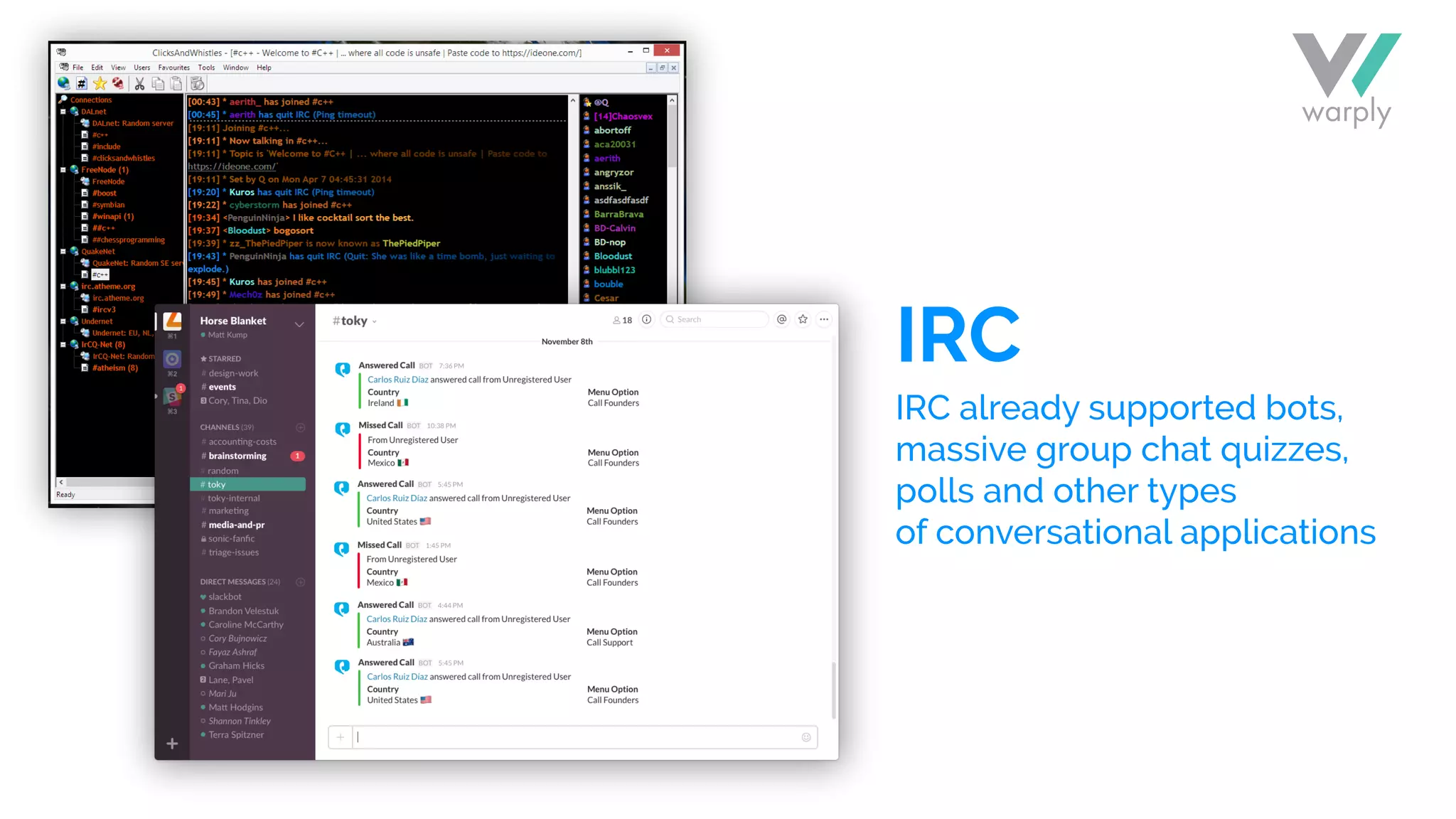 IRC
IRC already supported bots,
massive group chat quizzes,
polls and other types
of conversational applications
 