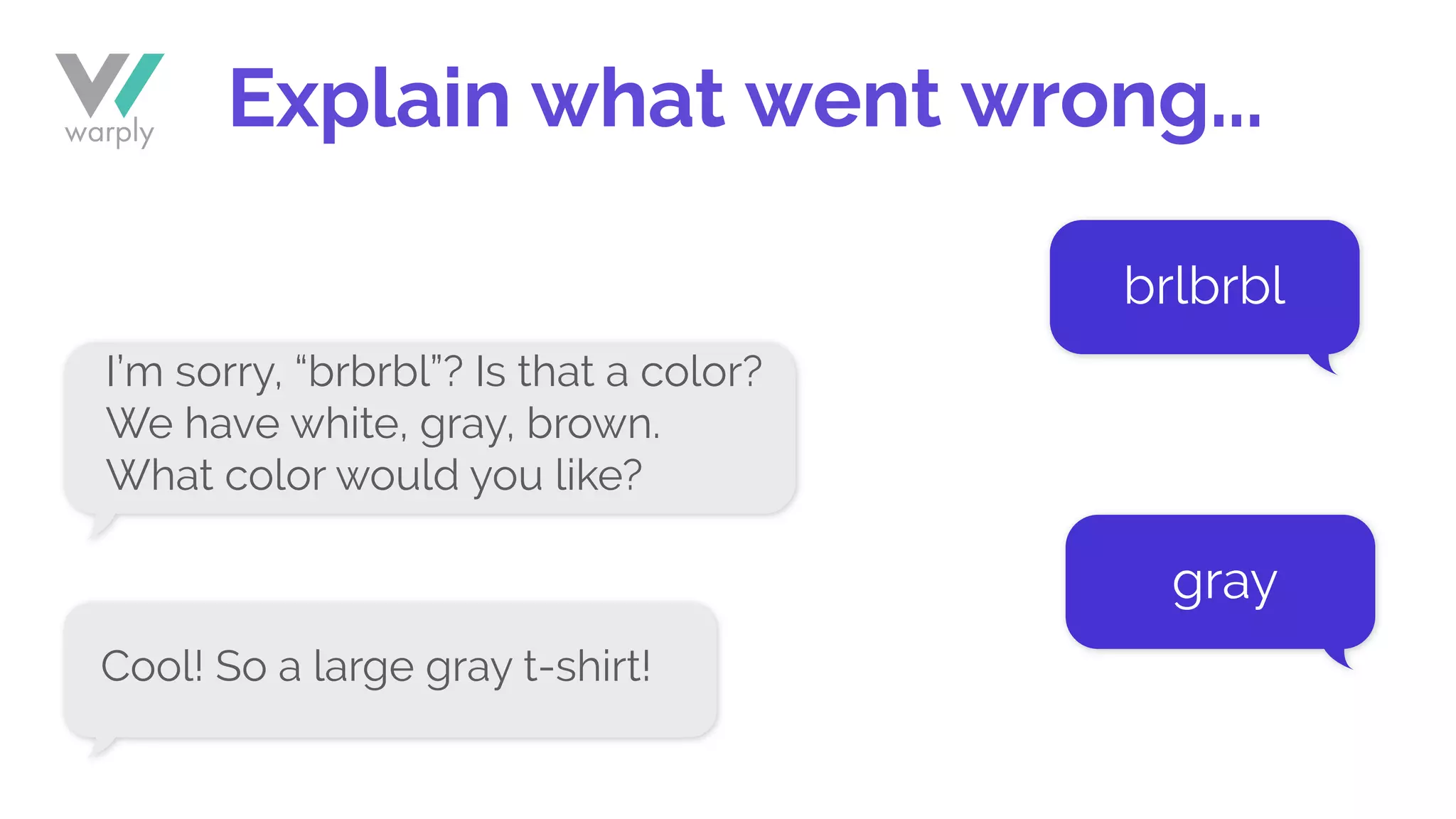 Explain what went wrong...
brlbrbl
gray
I’m sorry, “brbrbl”? Is that a color?
We have white, gray, brown.
What color would you like?
Cool! So a large gray t-shirt!
 