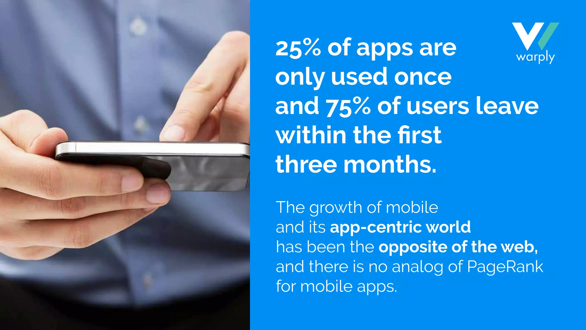 25% of apps are
only used once
and 75% of users leave
within the ﬁrst
three months.
The growth of mobile
and its app-centric world
has been the opposite of the web,
and there is no analog of PageRank
for mobile apps.
 
