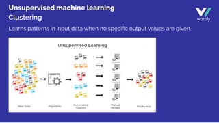 Clustering
Learns patterns in input data when no speciﬁc output values are given.
Unsupervised machine learning
 