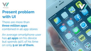 There are more than
three million apps
combined in all app stores
An average smartphone user
has 42 apps on his device
but spends 90% of his time
on only 9 or 10 of them.
Present problem
with UI
 
