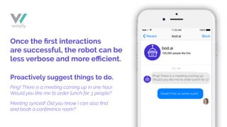 Meeting synced! Did you know I can also ﬁnd
and book a conference room?
Ping! There is a meeting coming up in one hour.
Would you like me to order lunch for 3 people?
Once the ﬁrst interactions
are successful, the robot can be
less verbose and more eﬃcient.
Proactively suggest things to do.
Great! Find us some sushi!
Ping! There is a meeting coming up.
Would you like me to order lunch for 3?
 