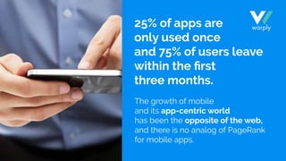 25% of apps are
only used once
and 75% of users leave
within the ﬁrst
three months.
The growth of mobile
and its app-centric world
has been the opposite of the web,
and there is no analog of PageRank
for mobile apps.
 