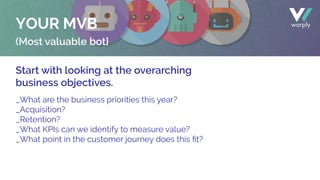 (Most valuable bot}
Start with looking at the overarching
business objectives.
_What are the business priorities this year?
_Acquisition?
_Retention?
_What KPIs can we identify to measure value?
_What point in the customer journey does this ﬁt?
YOUR MVB
 