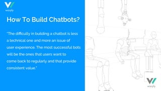 How To Build Chatbots?
“The diﬃculty in building a chatbot is less
a technical one and more an issue of
user experience. The most successful bots
will be the ones that users want to
come back to regularly and that provide
consistent value.”
warply
warply
 
