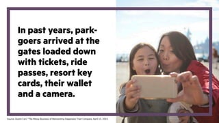In past years, park-
goers arrived at the
gates loaded down
with tickets, ride
passes, resort key
cards, their wallet
and a camera.
Source: Austin Carr, “The Messy Business of Reinventing Happiness,” Fast Company, April 15, 2015.
 