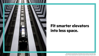 Fit smarter elevators
into less space.
Vele Galovski and Harald Kopp, Technology Services Industry Association blog,
“How IoT Process Optimization Can Improve Customer Outcomes,” May 28, 2015.
 