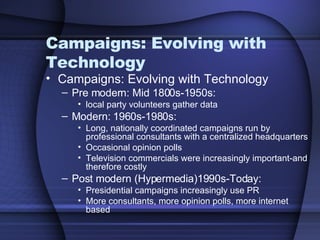 Campaigns: Evolving with Technology Campaigns: Evolving with Technology Pre modern: Mid 1800s-1950s:  local party volunteers gather data Modern: 1960s-1980s: Long, nationally coordinated campaigns run by professional consultants with a centralized headquarters Occasional opinion polls Television commercials were increasingly important-and therefore costly Post modern (Hypermedia)1990s-Today: Presidential campaigns increasingly use PR  More consultants, more opinion polls, more internet based 