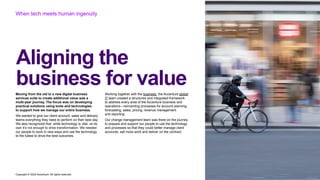 Copyright © 2022 Accenture. All rights reserved
Aligning the
business for value
When tech meets human ingenuity
Moving from the old to a new digital business
services suite to create additional value was a
multi-year journey. The focus was on developing
practical solutions using tools and technologies
to support how we manage our entire business.
We wanted to give our client account, sales and delivery
teams everything they need to perform on their best day.
We also recognized that, while technology is vital, on its
own it’s not enough to drive transformation. We needed
our people to work in new ways and use the technology
to the fullest to drive the best outcomes.
Working together with the business, the Accenture global
IT team created a structured and integrated framework
to address every area of the Accenture business and
operations—reinventing processes for account planning,
forecasting, sales, pricing, revenue management
and reporting.
Our change management team was there on the journey
to prepare and support our people to use the technology
and processes so that they could better manage client
accounts, sell more work and deliver on the contract.
 