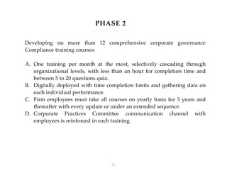 PHASE 2
Developing no more than 12 comprehensive corporate governance
Compliance training courses:
A. One training per month at the most, selectively cascading through
organizational levels, with less than an hour for completion time and
between 5 to 20 questions quiz.
B. Digitally deployed with time completion limits and gathering data on
each individual performance.
C. Firm employees must take all courses on yearly basis for 3 years and
thereafter with every update or under an extended sequence.
D. Corporate Practices Committee communication channel with
employees is reinforced in each training.
!15
 