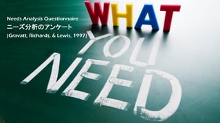 Needs Analysis Questionnaire
ニーズ分析のアンケート
(Gravatt, Richards, & Lewis, 1997)
6
 