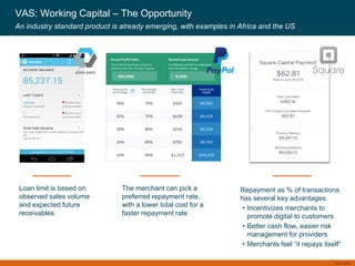 CGAP 2016
The merchant can pick a
preferred repayment rate,
with a lower total cost for a
faster repayment rate
VAS: Working Capital – The Opportunity
An industry standard product is already emerging, with examples in Africa and the US
Repayment as % of transactions
has several key advantages:
• Incentivizes merchants to
promote digital to customers
• Better cash flow, easier risk
management for providers
• Merchants feel “it repays itself”
Loan limit is based on
observed sales volume
and expected future
receivables
 