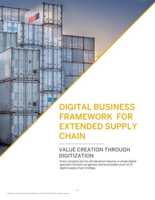 - 10 -
SAP Digital Extended Supply Chain Whitepaper (02/16) © 2016 SAP SE. All rights reserved
DIGITAL BUSINESS
FRAMEWORK FOR
EXTENDED SUPPLY
CHAIN
VALUE CREATION THROUGH
DIGITIZATION
Every company across all industries requires a simple digital
approach to build a pragmatic and executable vision of its
digital supply chain strategy.
- 10 -
SAP Digital Extended Supply Chain Whitepaper (02/16) © 2016 SAP SE. All rights reserved
 