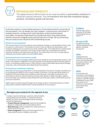- 13 -
SAP Digital Extended Supply Chain Whitepaper (02/16) © 2016 SAP SE. All rights reserved
14 out of 30
top global brands by
market capitalization are
platform-oriented
companies17
3 billion
Internet users and an
expected 30-50 billion
connected devices by
202014,15,16
70%
of global discrete
manufacturers will offer
smart connected products,
driving the need for new
digital supply chain
capabilities18
INDIVIDUALIZED PRODUCTS
Customers expect a customizable experience. Personalized solutions and products
are everywhere. You can design your own sneakers, customize your own drinks in
vending machines, configure cars and motorbikes, and print personalized
chocolates. Companies understand the full potential of the close relationships
between physical and digital assets and the Internet of Things. We are witnessing
new use cases across industries with breathtaking results.
Platform for personalization
The common feature of most companies’ personalization strategy is a strong platform that is used
as a base for customization. This has been common in the car industry for several years, with
companies allowing you to customize your base model to order. The mobile phone is another great
example of a platform. Customers can choose a base model from a small selection and then
customize the device with apps and visual effects. This means that, from five or six base options,
individual customization options are practically limitless.
Smart products drive new business models
IoT and Industry 4.0 are changing traditional business models by connecting people, products, and
assets. This explosion of Big Data is driving the growth of individualized products and the segment
of one. As companies embed sensors in their products, they are themselves becoming technology
companies, and re-thinking the value delivered by their products.
3D printing can revolutionize industries
3D printers are having a growing effect on the personalization of products. Sneaker manufacturers
are prototyping the ability to print a unique midsole. Customers’ running style will be tested on a
treadmill in the store to determine individual cushioning needs. Chocolate manufacturers can
personalize a customer’s favorite treat by printing unique shapes or edible messages. Logistics
service providers are investing in 3D printing farms to provide value-added customization services
just prior to shipment.
Additive layer manufacturing will change how we design, produce, and bring products to market,
and provide competitive differentiation and personalization to our products.
Reimagine your products for the segment of one
The digital economy will be driven by the need and ability to personalize solutions for
individual customer demands. This will transform the way that companies design,
produce, and deliver goods and services.
42%
of consumers are
interested in technology to
customize and personalize
products, and 19% indicate
a willingness to pay a 10%
price premium to
customize or personalize
the products they
purchase19
In today’s dynamic landscape, customers demand better,
individualized products faster. To satisfy this demand,
people, processes, and technology must be connected
across the organization.
• Product lifecycle management solutions that enable the
design of configurable and customizable products
• Manufacturing solutions designed for responsiveness to
deliver the lot size of one
• Asset management solutions that leverage the IoT to
improve performance, reliability, and uptime
Digitized
inventory
Lot-size
of 1
Configured
products
Industry
4.0
 