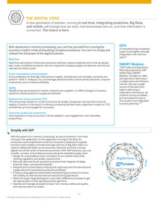 - 16 -
SAP Digital Extended Supply Chain Whitepaper (02/16) © 2016 SAP SE. All rights reserved
THE DIGITAL CORE
With the advent of in-memory computing, we see an evolution: from data
moving to the application, to the application moving to the data. As
companies seek simplification amid the increased complexity of a global
economy with multiple channels and huge volumes of Big Data, there is a
need to collaborate better across business networks and have a strong
digital core at the center of business processes. With SAP solutions, you can
simplify, connect, and enable processes along the extended supply chain.
• Design for sustainable product innovation to win market share while
meeting regulatory and quality requirements
• Plan with demand-driven business processes that integrate strategic,
financial, sales, and operational goals
• Respond and orchestrate by sensing and capturing real-time demand and
supply data and responding quickly and profitably
• Produce using agile and automated manufacturing processes to ensure
full visibility of internal and external manufacturing operations
• Deliver through integrated logistics and order fulfillment processes to get
the right product to the right place at the right time
• Operate and manage all assets to lower risk, improve safety and quality,
and improve return on assets
With advanced in-memory computing, you can free yourself from running the
business in batch mode and building complex procedures. You can run simply and
unleash the full power of the digital business.
Real time
Real-time optimization of business processes will have massive implications for how we design,
plan, make, and deliver products; how we respond to changing supply and demand; and how we
operate and utilize assets.
Power of prediction and simulation
Every employee can leverage real business insights, and planners can simulate scenarios and
perform “what if” analyses. You can leverage predictive tools to drive perfect decisions, improve
productivity, and increase profitability.
Agility
Rapidly bring new products to market, onboard new suppliers, or reflect changes in business
dynamics and fluctuations in supply and demand.
Deployment choice and lower TCO
The consuming solution to run the core has to be simple. Companies now have the choice to
deploy in house or in the cloud. In-memory computing will also have a significant impact on TCO
and will free up more budget for innovation.
Consumer-grade user experience
User experience is key to success; it drives adoption, user engagement, and, ultimately,
productivity.
Simplify with SAP
A new generation of solution, running in real time, integrating predictive, Big Data,
and mobile, will change how we work, how businesses are run, and how information is
consumed. The future is here.
52%
of manufacturing companies
expect to be highly vertically
integrated in the next five
years12
SMART Modular
“SAP Sales and Operations
Planning powered by SAP
HANA helps SMART
Modular manage our sales
and operations planning in
a collaborative and efficient
manner. We see a single
version of the plan from
sales to planning to
materials to the factory, all
of which can be correlated
to financial performance.
The result is true integrated
business planning.”27
Digital Core
 