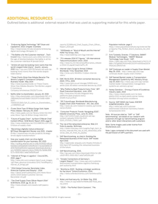 - 23 -
SAP Digital Extended Supply Chain Whitepaper (02/16) © 2016 SAP SE. All rights reserved
1. “Embracing Digital Technology” MIT Sloan and
CapGemini, 2013, Chapter 3 exhibits
http://sloanreview.mit.edu/projects/embracing-
digital-technology/#chapter-3 /
2. “The Battle is for the Customer Interface” , Tech
Crunch http://techcrunch.com/2015/03/03/in-
the-age-of-disintermediation-the-battle-is-all-for-
the-customer-interface/#.lpncejh:0sCd
3. “Airbnb will soon be booking more rooms than the
world’s largest hotel chains”, Quartz, January
2015 http://qz.com/329735/airbnb-will-soon-be-
booking-more-rooms-than-the-worlds-largest-
hotel-chains/
4. “These Charts Show How Alibaba Became The
World's Largest E-Commerce Company”,
Business Insider, May 2014
http://www.businessinsider.in/These-Charts-
Show-How-Alibaba-Became-The-Worlds-Largest-
E-Commerce-
Company/articleshow/35125273.cms
5. Netflix letter to shareholders January 19, 2016
http://files.shareholder.com/downloads/NFLX/1
298564620x0x870685/C6213FF9-5498-4084-
A0FF-
74363CEE35A1/Q4_15_Letter_to_Shareholders_-
_COMBINED.pdf
6. iTunes Store Tops 10 Billion Songs Sold, Apple
Press release, February 25, 2010
http://www.apple.com/pr/library/2010/02/25iT
unes-Store-Tops-10-Billion-Songs-Sold.html
7. “Future of Supply Chain”, by Kevin O’Marah Chief
Content Officer, SCM World, Report 2015, page 9
http://www.slideshare.net/COLINMCKILLOP/201
5-future-of-supply-chain
8. “Becoming a digitally mature enterprise”,
MITSloan Management Review July 2015, chapter
2 http://sloanreview.mit.edu/projects/strategy-
drives-digital-transformation/
9. How your supply chain can drive digital
transformation for your business, IDC 2015
http://a248.g.akamai.net/n/248/420835/e8ce2
6104ab723f16aef09733f20fb33777aced33d5672f
af357fd310a941150/sapasset.download.akamai.c
om/420835/sapcom/docs/2016/01/9a9dc308-
577c-0010-82c7-eda71af511fa.pdf
10. “Internet of Things in Logistics”, Cisco & DHL,
2015 page 7
http://www.dhl.com/content/dam/Local_Images
/g0/New_aboutus/innovation/DHLTrendReport_I
nternet_of_things.pdf
11. “2014 Global Consumer Barometer Index,
American Express and Ebiquity”, 2014
http://about.americanexpress.com/news/docs/
2014x/2014-Global-Customer-Service-
Barometer-US.pdf
12. “The Chief Supply Chain Officer Report 2014”
SCM World, 2014, pg. 15, 22, 11
http://www.e2open.com/assets/pdf/papers-
and-
reports/SCMWorld_Chief_Supply_Chain_Officer_
Report_2014.pdf
13. “1000heads on “Word of Mouth and the Internet”
Keller Fay Group, 2011,
http://www.kellerfay.com/tag/internet/
14. “ITU releases 2014 ICT figures “ UN International
Telecommunications Union, 2014,
http://www.itu.int/net/pressoffice/press_release
s/2014/23.aspx#.VaaCmaPD_IW
15. Internet Users Surge to Almost 3 Billion
Worldwide, Time, November 2014
http://time.com/3604911/3-billion-internet-
users/
16. EMC World 2015: 30 billion connected devices by
2020, ITPro, 2015
http://www.itpro.co.uk/storage/24560/emc-
world-2015-30-billion-connected-devices-by-2020
17. “Why Platforms Beat Products Every Time”, MIT
Sloan Executive Education, June, 2015
http://executive.mit.edu/blogpost/why-
platforms-beat-products-every-
time#.VruZ3_krKc0
18. “IDC FutureScape: Worldwide Manufacturing
Supply Chain 2015 Predictions”, IDC, Dec 2014,
http://www.idc.com/research/viewtoc.jsp?contai
nerId=253421
19. “Consumer Products Trends: Navigating 2020”,
Deloitte University Press, June 25, 2015,
http://d27n205l7rookf.cloudfront.net/wp-
content/uploads/2015/06/DUP-
1025_CP2020_FINAL1.pdf
20. The rise of the networked enterprise: Web 2.0
finds its payday, McKinsey
http://www.mckinsey.com/insights/high_tech_te
lecoms_internet/the_rise_of_the_networked_ente
rprise_web_20_finds_its_payday
21. SAP Benchmarking, as cited in: Building the
Networked Business of the Future, SAP Insider,
April 2015
http://sapinsider.wispubs.com/Assets/Articles/2
015/April/SPI-building-the-networked-business-
of-the-future
22. SAP Benchmarking, 2015,
http://go.sap.com/docs/download/2014/11/c86
c3c0f-497c-0010-82c7-eda71af511fa.pdf
23. “Simpler Connections at Germany's
Largest Seaport” http://www.sap.com/customer-
testimonials/transportation-logistics/hamburg-
port-authority.html
24. “Workforce 2020: Building a strategic workforce
for the future” Oxford Economics, 2014,
http://www.oxfordeconomics.com/workforce202
0
25. Water and food security, Un Water Org, 2015
http://www.un.org/waterforlifedecade/food_secu
rity.shtml
26. “2030 – The Perfect Storm Scenario”, The
Population Institute, page 2
https://www.populationinstitute.org/external/file
s/reports/The_Perfect_Storm_Scenario_for_203
0.pdf
27. Srini Tanikella, Director, IT Solutions, SMART
Modular Technologies, “SMART Modular
Technology Case Study”, SAP,
https://dam.sap.com/mac/download/a.htm?c=4
6&k=7Sf7gRlN07kS0m4DCDCfFFmfXl55veSSCN
VN1lCkiCSREf57mb
28. SAP Continues as Leader in Supply Chain Market,
May 26, 2015, http://news.sap.com/sap-
continues-leader-supply-chain-market/
29. SAP Named Market Leader in Transportation
Management Systems by ARC Advisory Group,
July 14, 2015 http://news.sap.com/sap-named-
market-leader-transportation-management-
systems-arc-advisory-group/
30. Harley-Davidson -- Driving a Future of Excellence,
Industry week, 2014
http://www.industryweek.com/iw-best-
plants/2013-iw-best-plants-winner-harley-
davidson-driving-future-excellence
31. Source: SAP HANA Use Cases, KAESER
KOMPRESSOREN, 2014
http://www.sap.com/customer-
testimonials/industrial-machinery/kaeser-
kompressoren.html
Note: All sources sited as “SAP” or “SAP
benchmarking” are based on our research with
customers through our benchmarking program
and/or other direct interactions with customers
Note: Some images used under license from
Shutterstock.com
Note: Logos contained in this document are used with
the permission of SAP's partners.
ADDITIONAL RESOURCES
Outlined below is additional external research that was used as supporting material for this white paper.
 