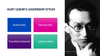 Autocratic Democratic
Transformational Laissez-faire
KURT LEWIN’S LEADERSHIP STYLES
138
 