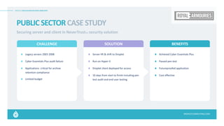 DROPLET APPLICATION DELIVERY SIMPLIFIED
DROPLETCOMPUTING.COM
PUBLICSECTORCASESTUDY
Securing server and client in NeverTrustTM security solution​
CHALLENGE SOLUTION BENEFITS
Legacy servers 2003 2008​
Cyber Essentials Plus audit failure
Applications critical for archive
retention compliance
Limited budget
Server lift & shift to Droplet
Run on Hyper-V ​
Droplet client deployed for access
10 days from start to finish including pen
test audit and end user testing
Achieved Cyber Essentials Plus
Passed pen test
Futureproofed application
Cost effective
 
