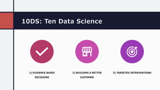 10DS: Ten Data Science
1) EVIDENCE BASED
DECISIONS
2) BUILDING A BETTER
CUSTOMER
3) TARGETED INTERVENTIONS
 