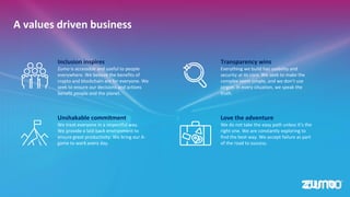 Inclusion inspires
Zumo is accessible and useful to people
everywhere. We believe the benefits of
crypto and blockchain are for everyone. We
seek to ensure our decisions and actions
benefit people and the planet.
Transparency wins
Everything we build has usability and
security at its core. We seek to make the
complex seem simple, and we don’t use
jargon. In every situation, we speak the
truth.
Unshakable commitment
We treat everyone in a respectful way.
We provide a laid-back environment to
ensure great productivity. We bring our A-
game to work every day.
Love the adventure
We do not take the easy path unless it’s the
right one. We are constantly exploring to
find the best way. We accept failure as part
of the road to success.
A values driven business
 